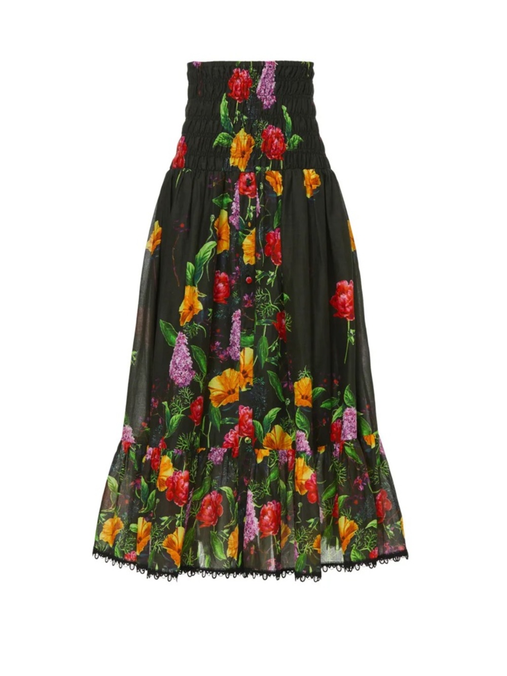 Charo Ruiz Cisa Skirt. Black Floral Maxi Skirt with Vibrant Blooms